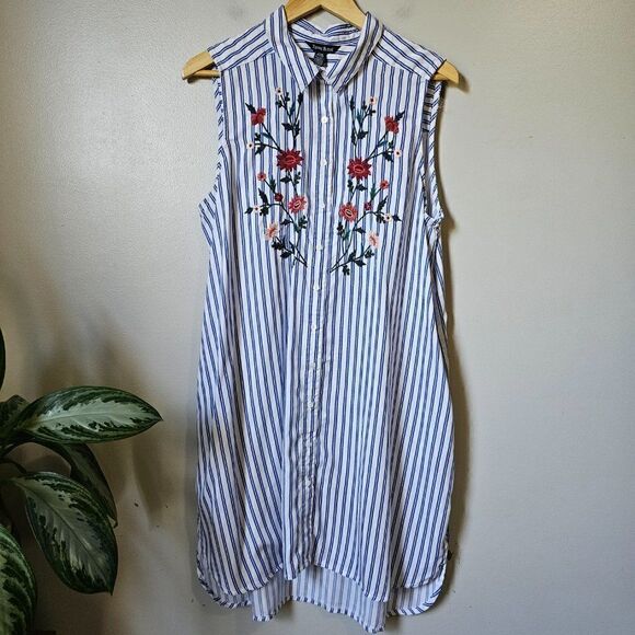 EUC LIKE NEW TERRE BLUE 100% LYOCELL STRIPED EMBROIDERED BUTTON DOWN DRESS SZ L - Picture 3 of 16
